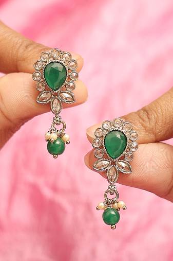 Ethnic oval and leaf design gold plated green kundan stone dangle earring for women and girls
