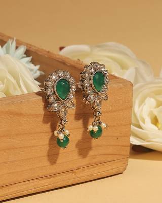 Ethnic oval and leaf design gold plated green kundan stone dangle earring for women and girls 2