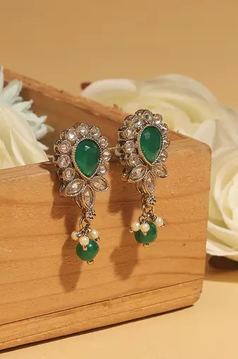 Ethnic oval and leaf design gold plated green kundan stone dangle earring for women and girls