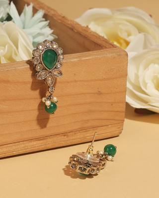 Ethnic oval and leaf design gold plated green kundan stone dangle earring for women and girls 3