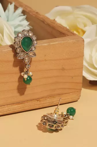 Ethnic oval and leaf design gold plated green kundan stone dangle earring for women and girls