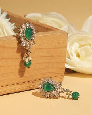 Ethnic oval and leaf design gold plated green kundan stone dangle earring for women and girls 4