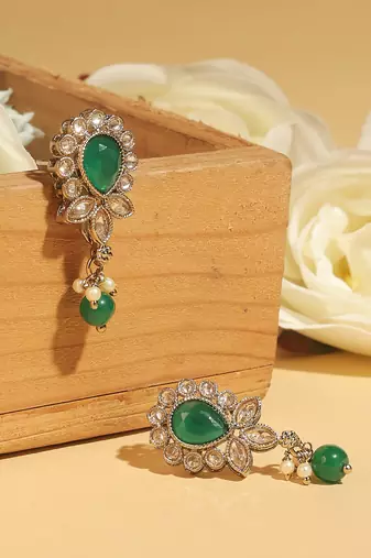Ethnic oval and leaf design gold plated green kundan stone dangle earring for women and girls