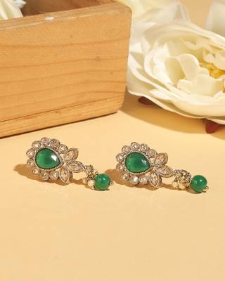 Ethnic oval and leaf design gold plated green kundan stone dangle earring for women and girls 5