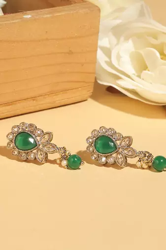 Ethnic oval and leaf design gold plated green kundan stone dangle earring for women and girls
