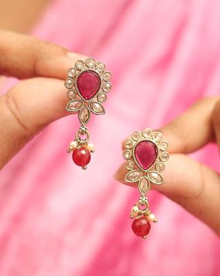 maroon alloy dangle earrings with ruby kundan oval leaf 1