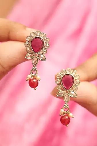 Excellent oval and leaf design gold plated ruby kundan stone dangle earring for women and girls