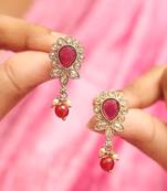Excellent oval and leaf design gold plated ruby kundan stone dangle earring for women and girls