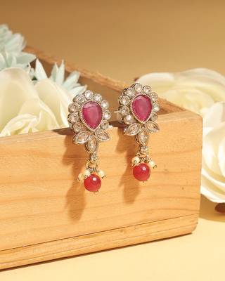 maroon alloy dangle earrings with ruby kundan oval leaf 2