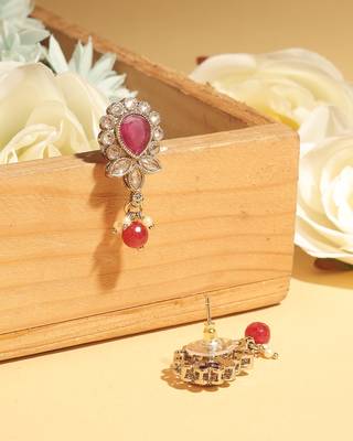 maroon alloy dangle earrings with ruby kundan oval leaf 3