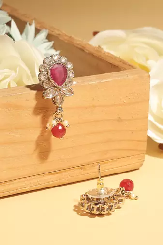 maroon alloy dangle earrings with ruby kundan oval leaf