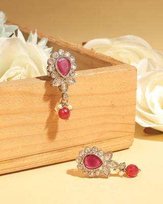 maroon alloy dangle earrings with ruby kundan oval leaf 4