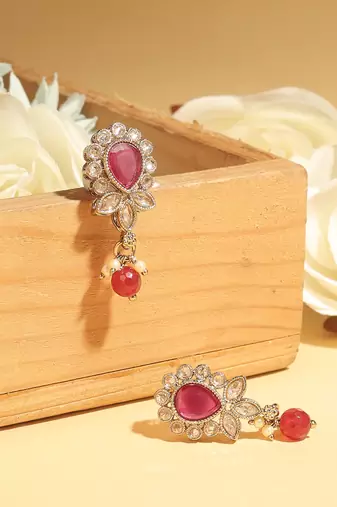 maroon alloy dangle earrings with ruby kundan oval leaf