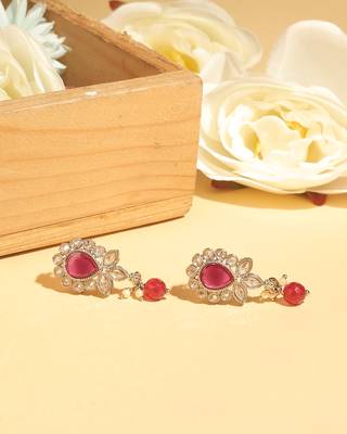 maroon alloy dangle earrings with ruby kundan oval leaf 5