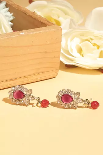 maroon alloy dangle earrings with ruby kundan oval leaf