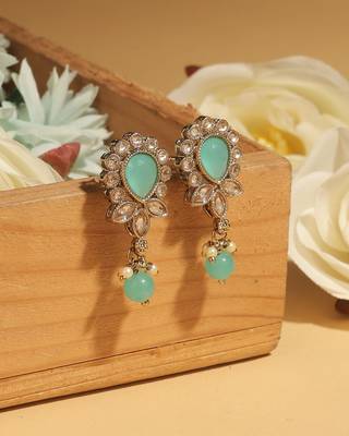 Oval and leaf design gold plated sky blue kundan stone dangle earring for women and girls 2