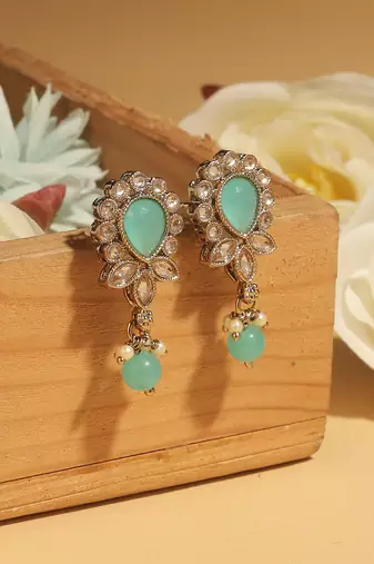 Oval and leaf design gold plated sky blue kundan stone dangle earring for women and girls