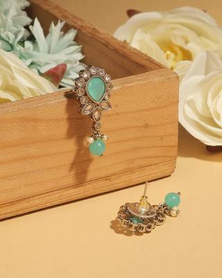 Oval and leaf design gold plated sky blue kundan stone dangle earring for women and girls 3