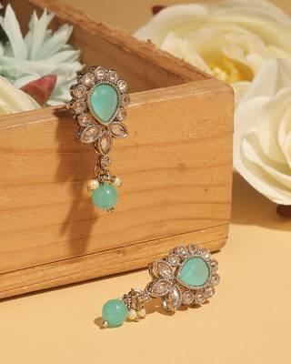 Oval and leaf design gold plated sky blue kundan stone dangle earring for women and girls 4
