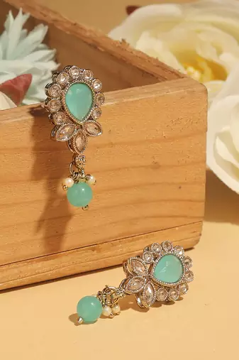 Oval and leaf design gold plated sky blue kundan stone dangle earring for women and girls