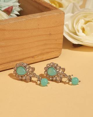 Oval and leaf design gold plated sky blue kundan stone dangle earring for women and girls 5
