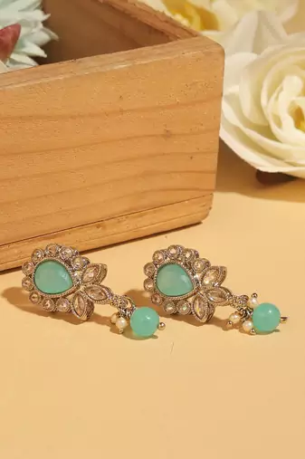 Oval and leaf design gold plated sky blue kundan stone dangle earring for women and girls