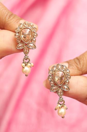 Exotic oval and leaf design gold plated brown kundan stone dangle earring for women and girls