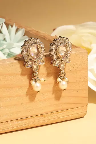 Exotic oval and leaf design gold plated brown kundan stone dangle earring for women and girls