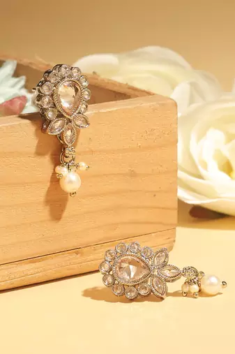 Exotic oval and leaf design gold plated brown kundan stone dangle earring for women and girls