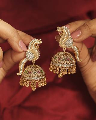 Pleasant peacock design gold plated cz studded brass jhumki earring for women and girls 1