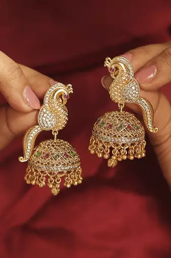 Pleasant peacock design gold plated cz studded brass jhumki earring for women and girls