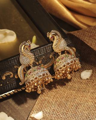 Pleasant peacock design gold plated cz studded brass jhumki earring for women and girls 2