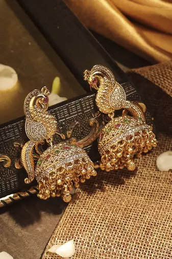 Pleasant peacock design gold plated cz studded brass jhumki earring for women and girls
