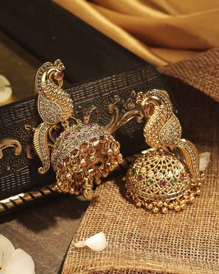 Pleasant peacock design gold plated cz studded brass jhumki earring for women and girls 3