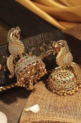 Pleasant peacock design gold plated cz studded brass jhumki earring for women and girls