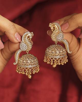 Peacock design gold plated cz studded small golden balls brass jhumki earring for women and girls 1