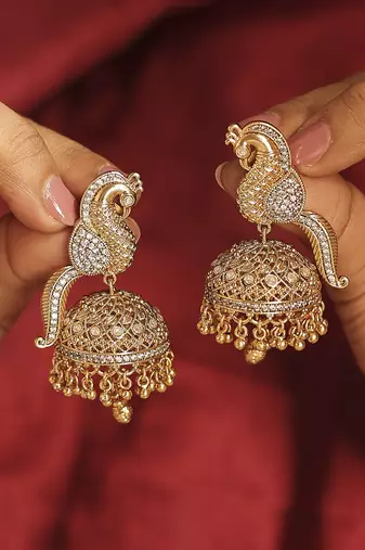 Peacock design gold plated cz studded small golden balls brass jhumki earring for women and girls