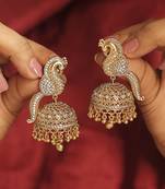 Peacock design gold plated cz studded small golden balls brass jhumki earring for women and girls