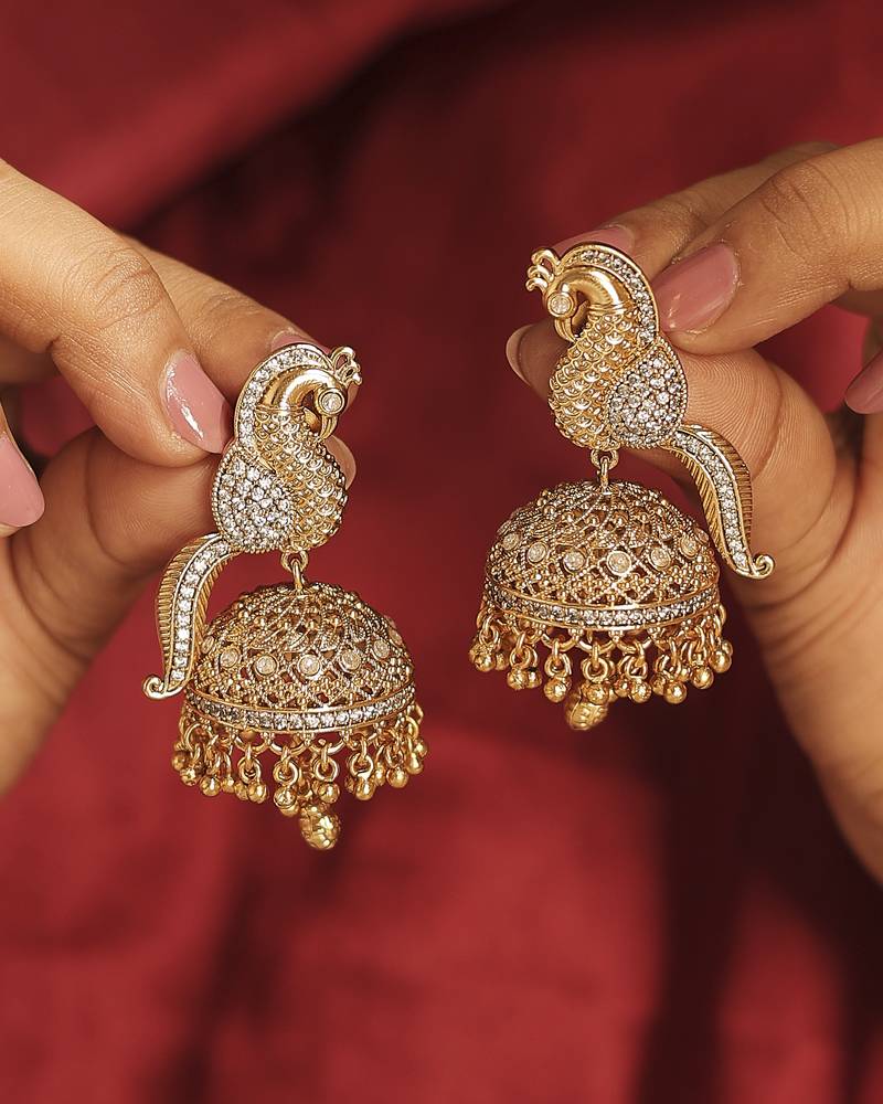 Peacock design gold plated cz studded small golden balls brass jhumki earring for women and girls