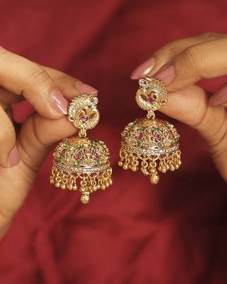 multicolor brass jhumki earrings with peacock kundan work 1