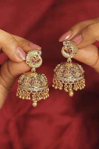 Peacock gold plated multi kundan stone small golden balls brass jhumki earring for women & girls