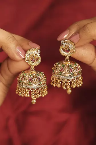 Peacock gold plated multi kundan stone small golden balls brass jhumki earring for women & girls