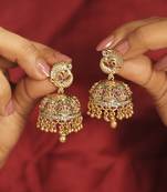 Peacock gold plated multi kundan stone small golden balls brass jhumki earring for women & girls