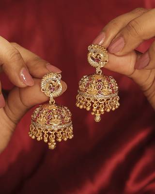 Peacock gold plated ruby kundan stone small golden balls brass jhumki earring for women and girls 1