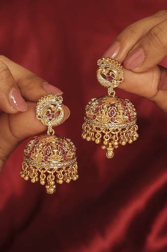 Peacock gold plated ruby kundan stone small golden balls brass jhumki earring for women and girls