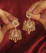Peacock gold plated ruby kundan stone small golden balls brass jhumki earring for women and girls