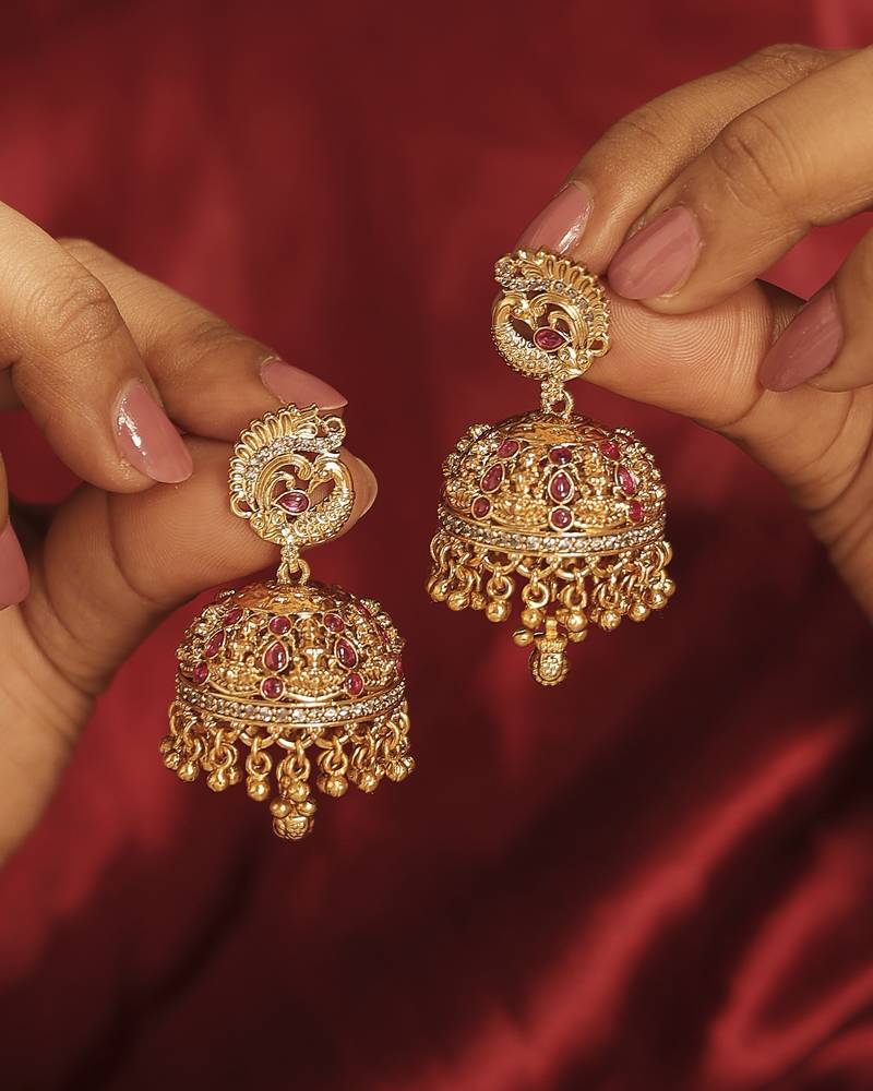 Peacock gold plated ruby kundan stone small golden balls brass jhumki earring for women and girls