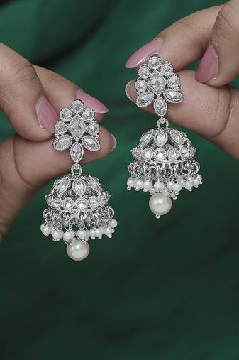 Round and pear shape silver plated white kundan stone brass jhumki earring for women and girls