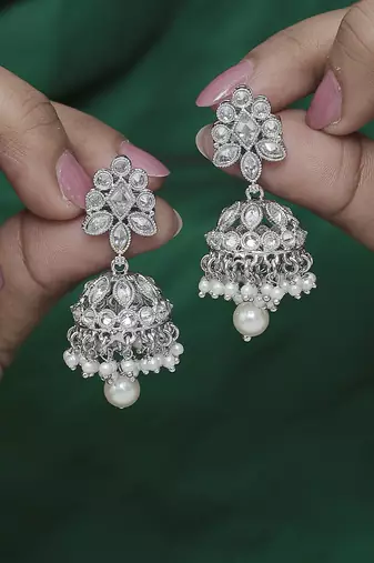 Round and pear shape silver plated white kundan stone brass jhumki earring for women and girls