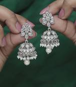 Round and pear shape silver plated white kundan stone brass jhumki earring for women and girls